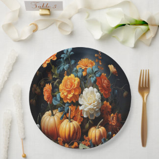 Halloween Pumpkins Flowers Paper Plate