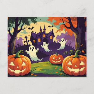 Halloween Pumpkins, Ghost and Haunted House  Holiday Postcard