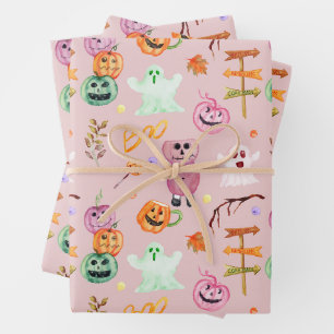 Halloween Pumpkins, Ghost, Monsters Pink  Wrapping Paper Sheet