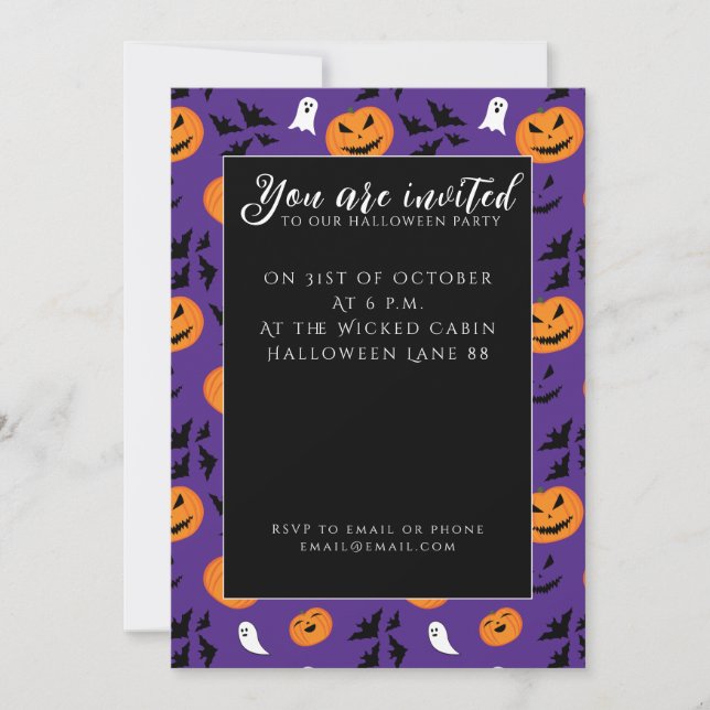 Halloween pumpkins ghosts bats fun purple pattern invitation (Front)