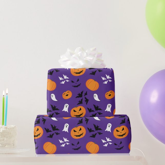 Halloween pumpkins ghosts bats fun purple pattern wrapping paper (Party Gifts)