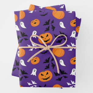 Halloween pumpkins ghosts bats fun purple pattern wrapping paper sheet