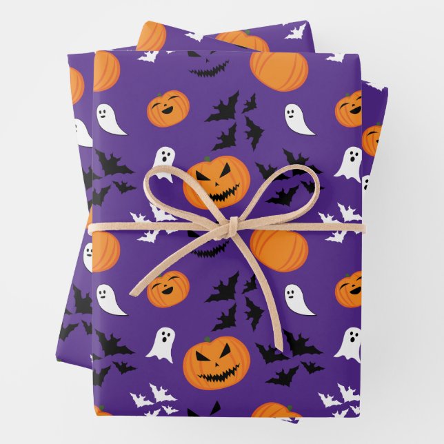 Halloween pumpkins ghosts bats fun purple pattern wrapping paper sheet (In situ)