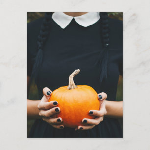 Halloween pumpkin's girl black dress holiday postcard