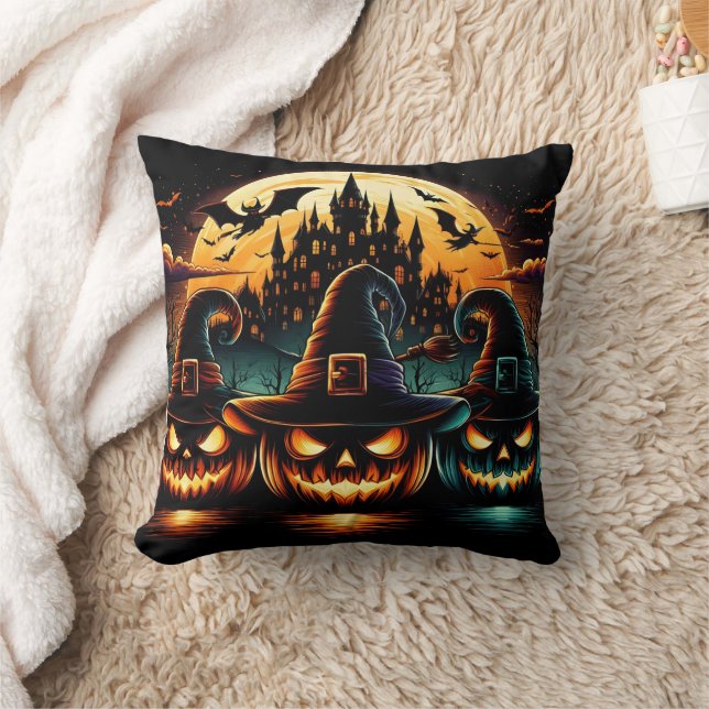Halloween pumpkins glow under a full moon at dusk cushion (Blanket)