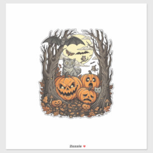 Halloween Pumpkins Grey Cat Bat Full Moon Woods