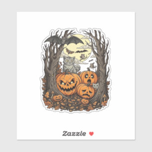 Halloween Pumpkins Grey Cat Bat Full Moon Woods