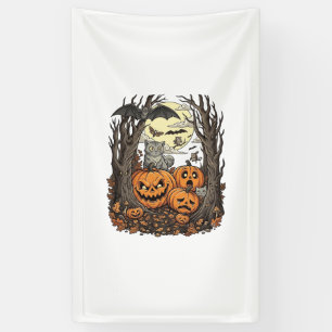 Halloween Pumpkins Grey Cat Bat Full Moon Woods Banner