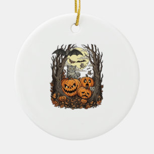Halloween Pumpkins Grey Cat Bat Full Moon Woods Ceramic Ornament
