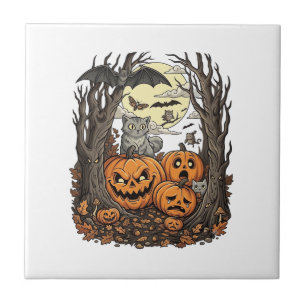 Halloween Pumpkins Grey Cat Bat Full Moon Woods Ceramic Tile