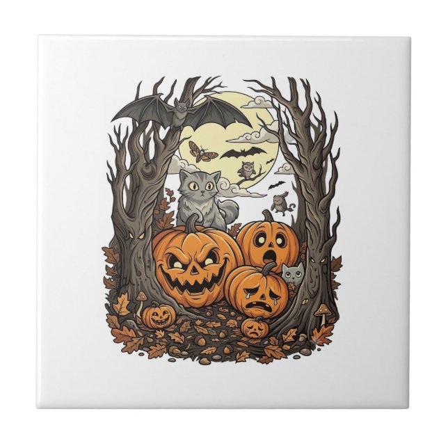 Halloween Pumpkins Grey Cat Bat Full Moon Woods Ceramic Tile (Front)