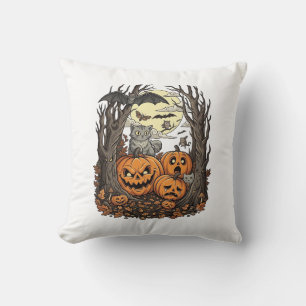 Halloween Pumpkins Grey Cat Bat Full Moon Woods Cushion