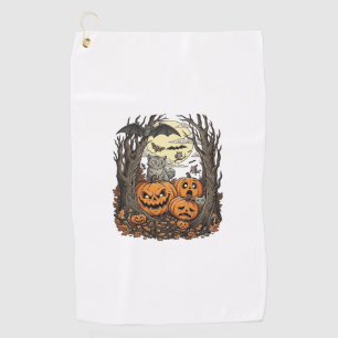 Halloween Pumpkins Grey Cat Bat Full Moon Woods Golf Towel