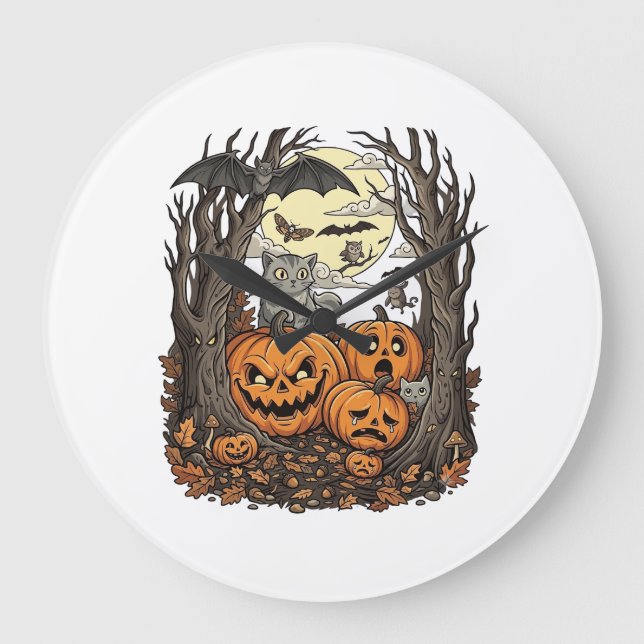 Halloween Pumpkins Grey Cat Bat Full Moon Woods Large Clock (Front)