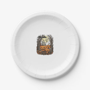 Halloween Pumpkins Grey Cat Bat Full Moon Woods Paper Plate