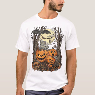 Halloween Pumpkins Grey Cat Bat Full Moon Woods T-Shirt