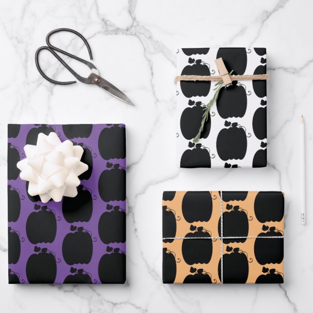 Halloween Pumpkins Hand Drawn Orange Black Purple Wrapping Paper Sheet (Front)