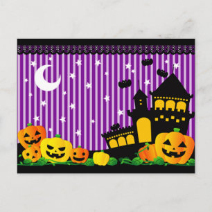 Halloween Pumpkins, Haunted House and Bats Postcard