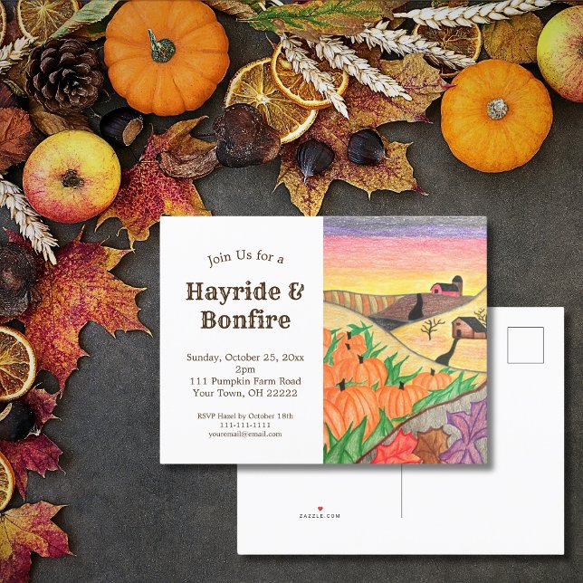 Halloween Pumpkins Hayride Rustic Autumn Invitation Postcard (Creator Uploaded)