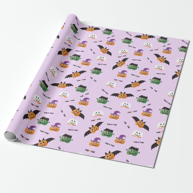 Halloween Pumpkins In Costumes Pattern Purple Wrapping Paper (Unrolled)