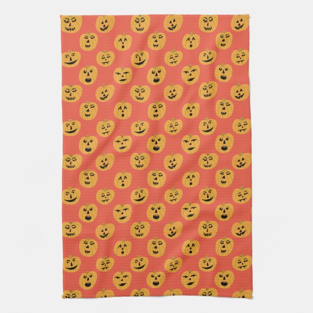 Halloween PUMPKINS Jack-O-Lanterns Tea Towel (Vertical)