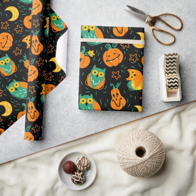 Halloween Pumpkins Moon Owls Wrapping Paper (Crafts)