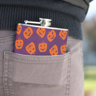 Halloween Pumpkins on Purple Background Pattern Hip Flask