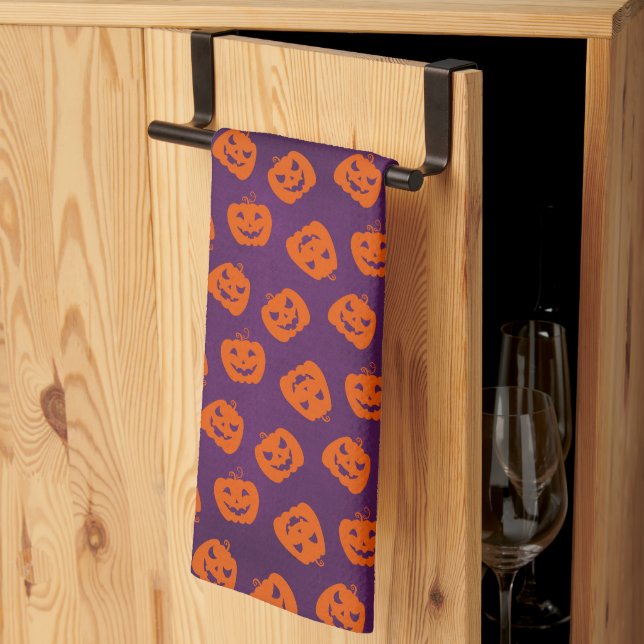 Halloween Pumpkins on Purple Background Pattern Tea Towel (Thirds Fold)