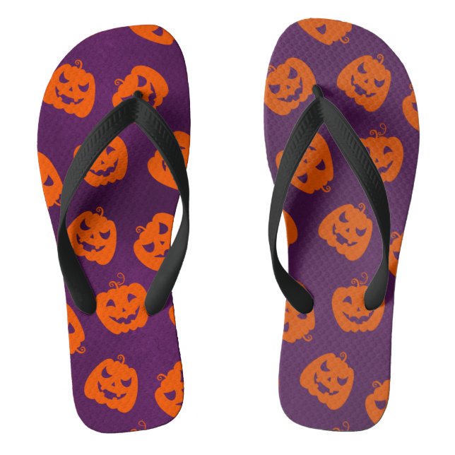 Halloween Pumpkins on Purple Background Pattern Thongs (Footbed)