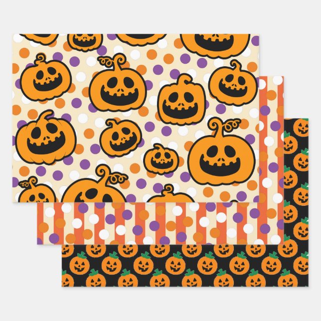 Halloween Pumpkins Orange Black Theme Wrapping Paper Sheet (Set)