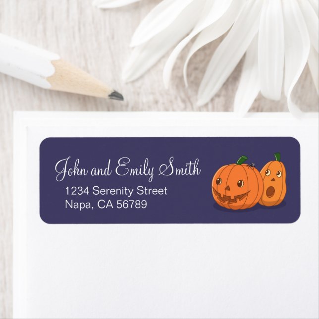 Halloween Pumpkins Pair on Purple Return Address Label (Insitu)