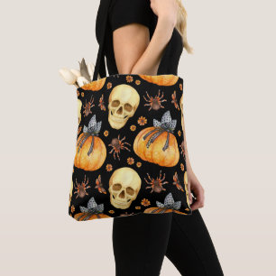 HALLOWEEN PUMPKINS, SKULLS, AND SPIDERS TOTE BAG