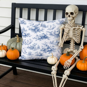 Halloween Pumpkins Toile de Jouy Pattern Blue Cushion