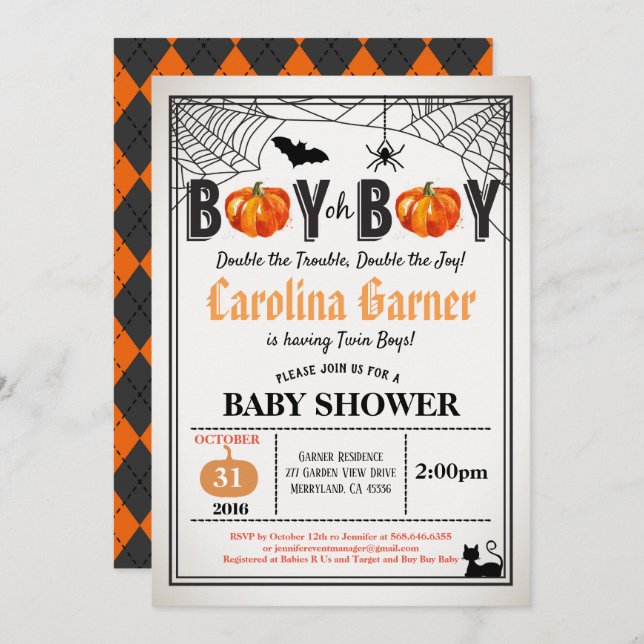 Halloween pumpkins twins baby boy shower rustic invitation (Front/Back)