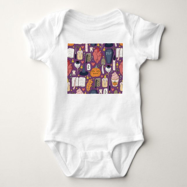 Halloween pumpkins, witchy seamless pattern. baby bodysuit (Front)