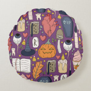 Halloween pumpkins, witchy seamless pattern. round cushion
