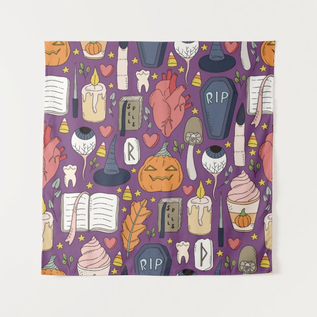Halloween pumpkins, witchy seamless pattern. tapestry (Front)