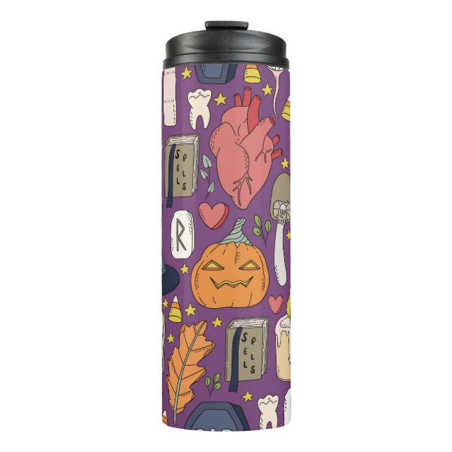Halloween pumpkins, witchy seamless pattern. thermal tumbler (Front)