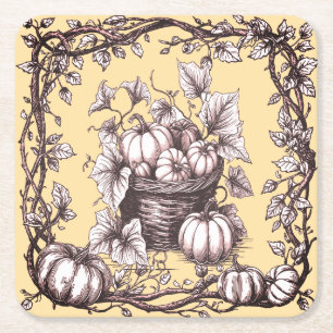 Halloween Pumpkins with Autumn Leaves Square Paper Coaster