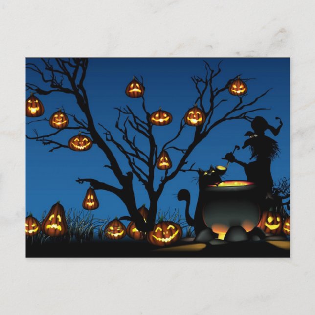 Halloween Pumpkins with witch Postcard (Front)