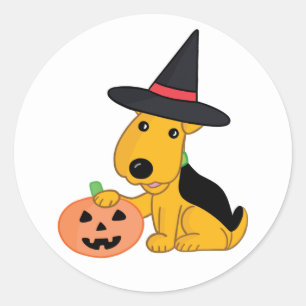 Halloween Puppy Dog in Witch Hat w Pumpkin Sticker