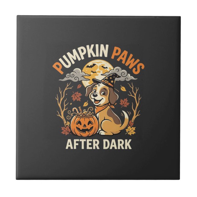 Halloween Puppy Pumpkin Night Ceramic Tile (Front)