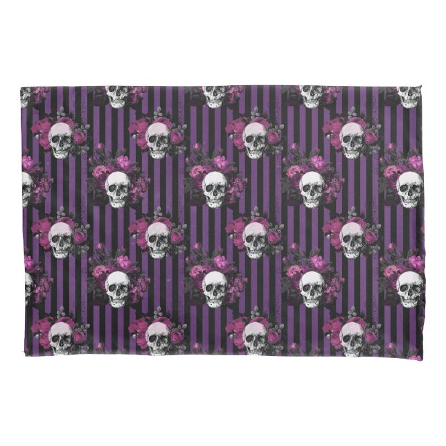 Halloween Purple and Black Floral Striped Skulls Pillowcase (Front)