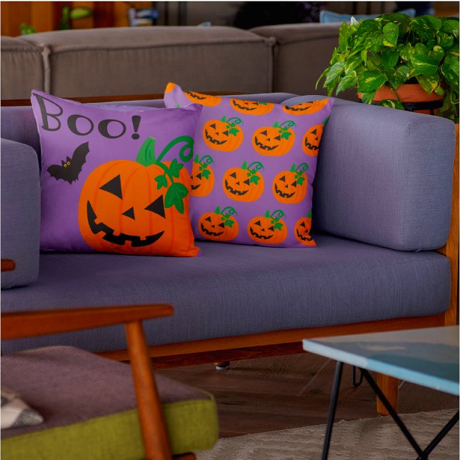 Halloween Purple Background Orange Jack O Lantern Cushion (Spooky Shades of Purple Haze is all the rage this Halloween! )