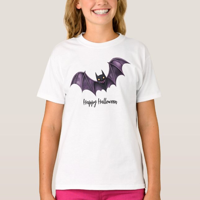Halloween Purple Black Bats Spooky Scary T-Shirt (Front)