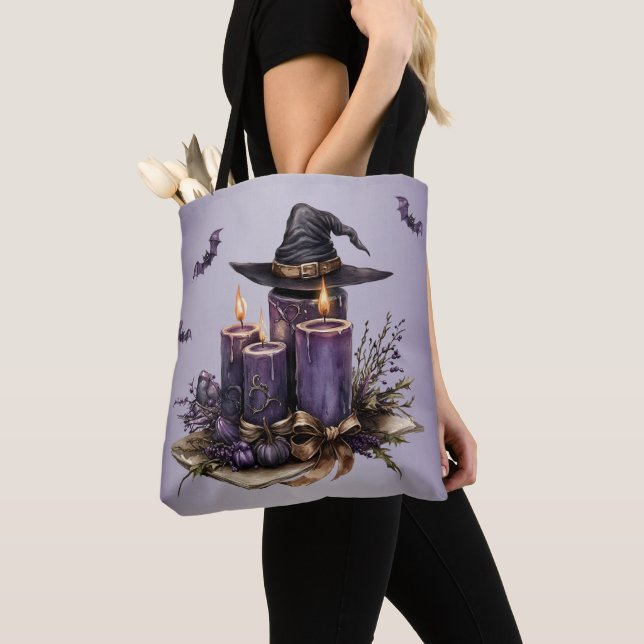 Halloween Purple Candles Bats Spooky Scary Tote Bag (Close Up)