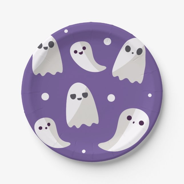 Halloween Purple Cute Ghost Pattern Paper Plate (Front)