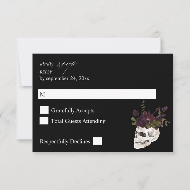 Halloween Purple Floral & Skull no Meal RSVP Black Card (Front)