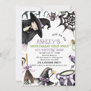 Halloween Purple Girls Little Witch Birthday  Invitation