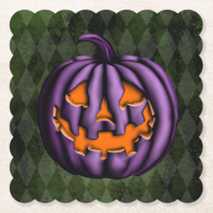 Halloween Purple Pumpkin Green Grunge Paper Coaster